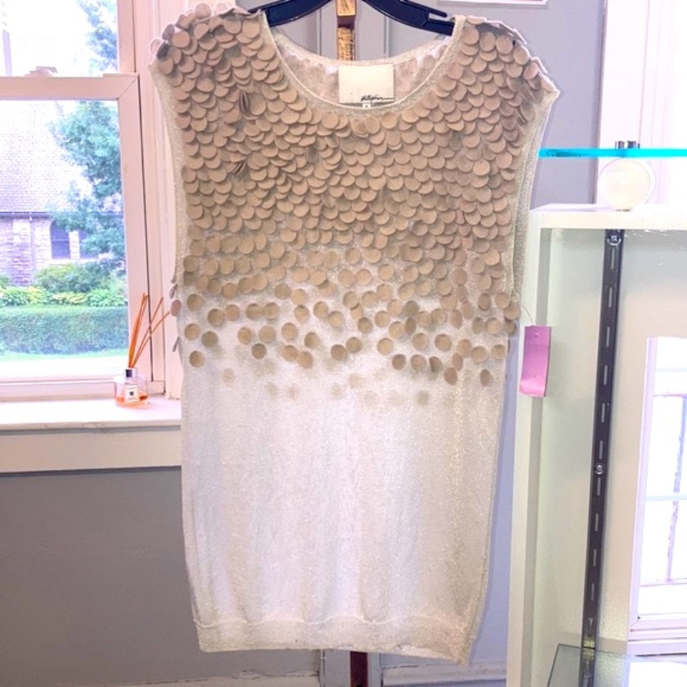 3.1 PHILIP LIM sz S Gorgeous sheer tank sparkly embellished w/fabric felt circle